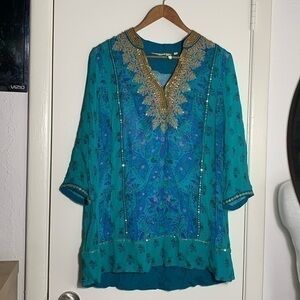 Soft Surroundings Teal and Gold Embellished Tunic